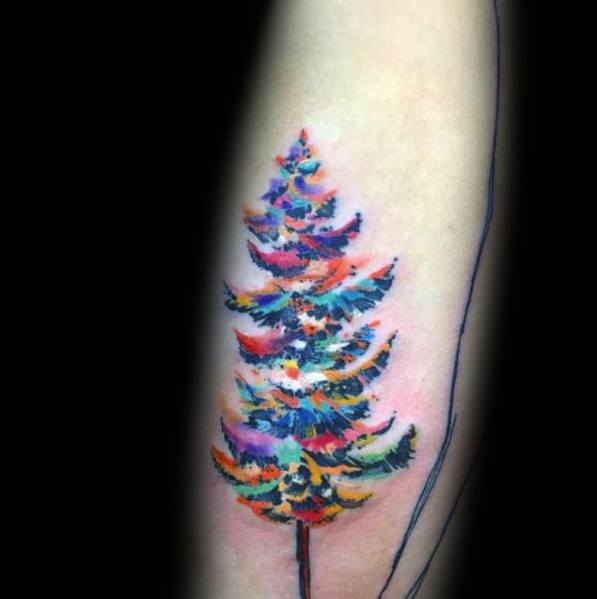 Christmas tattoo of a vibrant watercolor-style Christmas tree, featuring colorful brushstroke-like shading for a festive and artistic holiday design.