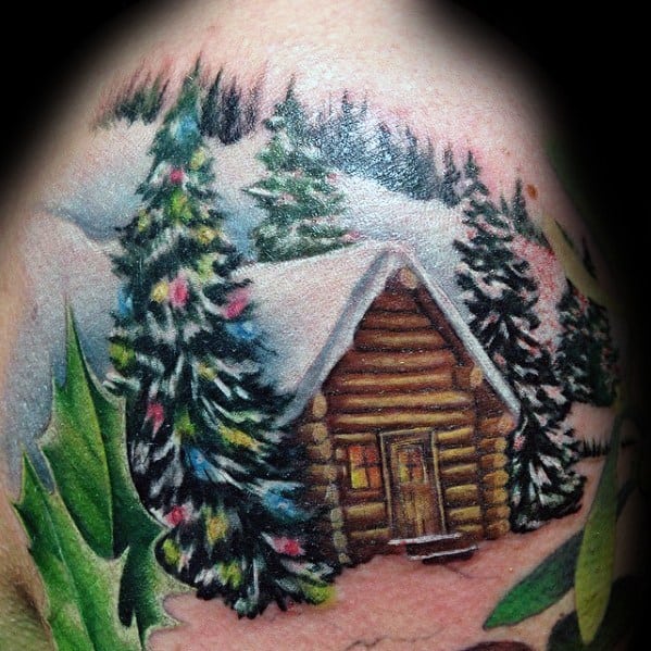 Realistic Christmas cabin tattoo with snow-covered trees, festive lights, and a cozy log cabin, creating a warm and detailed winter scene.