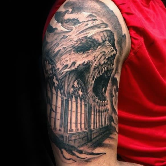 Chruch Windows With Mummy Half Sleeve Shaded Tattoos For Men
