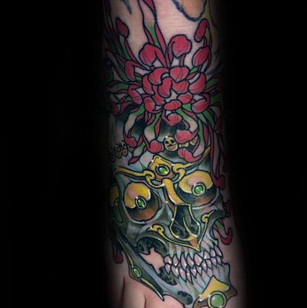 Chrysanthemum Flower With Skull Mens Foot Tattoo