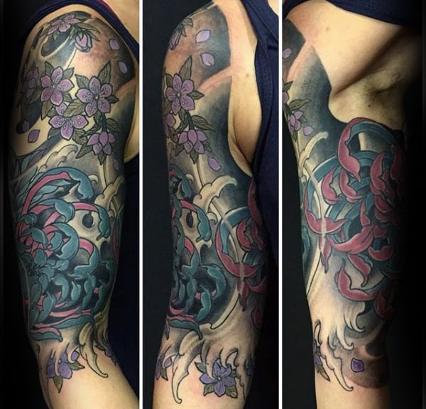 Chrysanthemum Flowers Mens Half Sleeve Tattoo