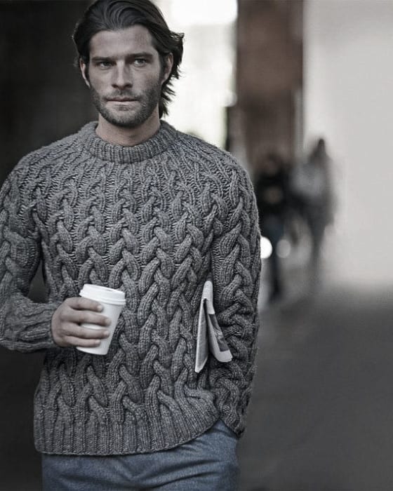 Chunky Grey Knit Sweater Winter Outfits Male Style