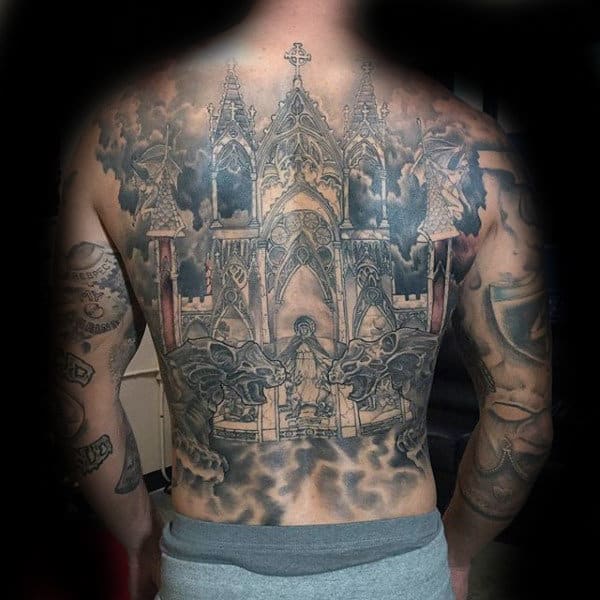 Church Building With Gargoyles Mens Full Back Tattoo Ideas