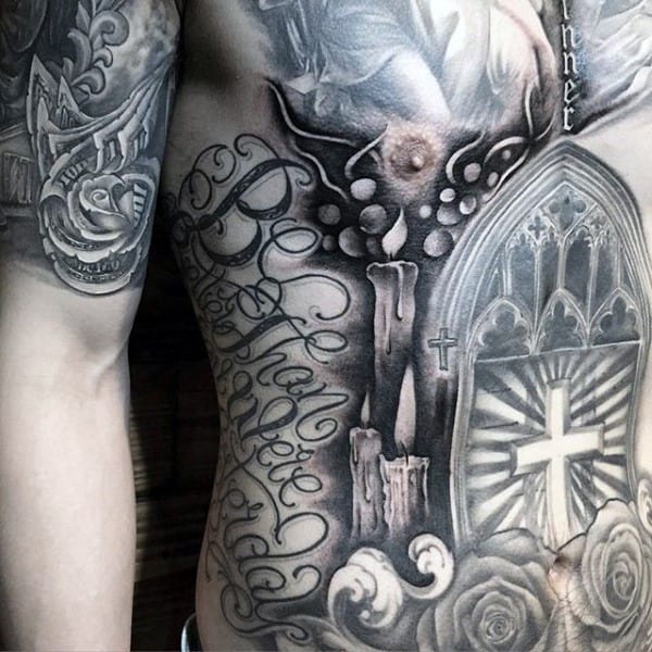 Church Cross With Candles Chicano Mens Chest Tattoo Inspiration