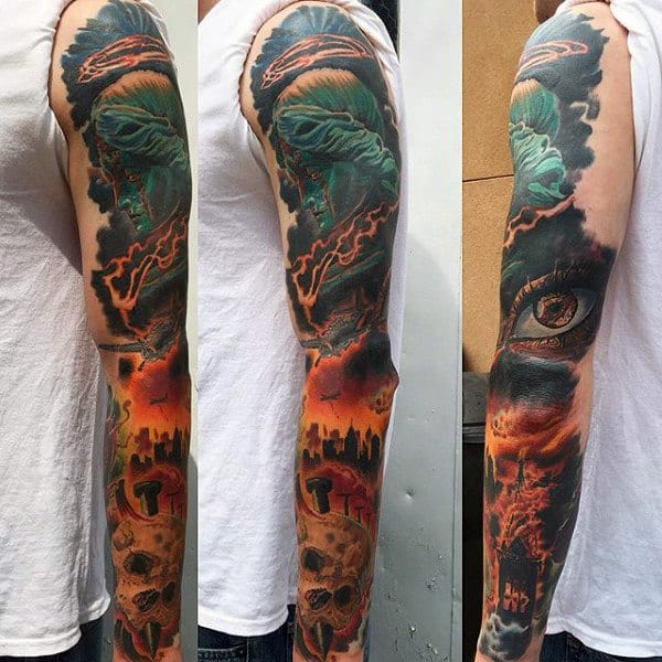 Church On Fire Mens Full Sleeve Tattoo Designs