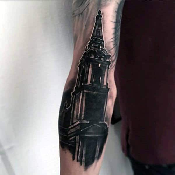 Church Tower Awesome Mens Black Ink Outer Forearm Tattoo Inspiration