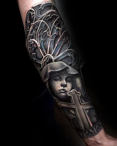Church Window 3d Cross Mens Forearm Sleeve Tattoos