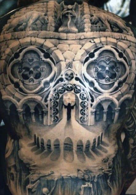 Church Window Building Optical Illusion Mens Full Back Tattoos