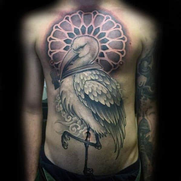 Church Window With Crane Masculine Mens Full Chest Tattoos