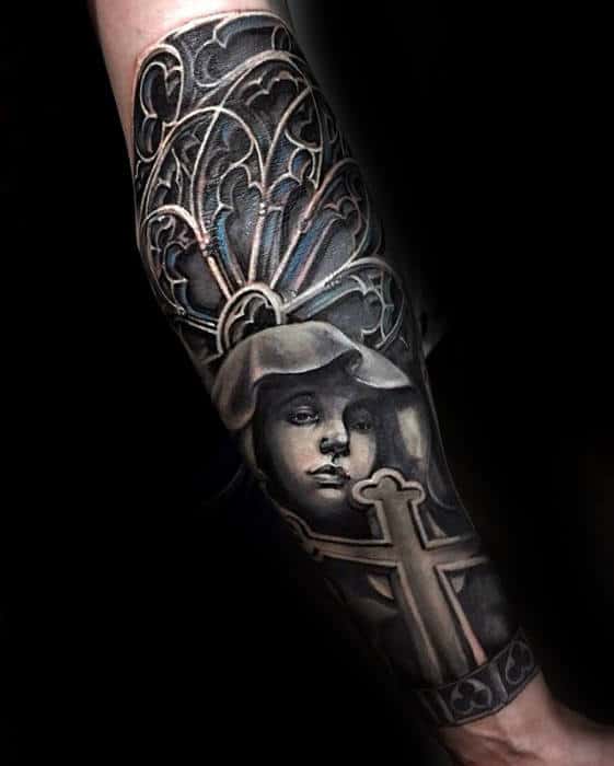 Church Window With Cross Badass Guys Forearm Sleeve Tattoo Ideas