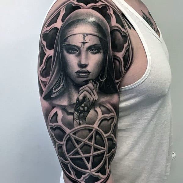 Church Windows Virgin Mary 3d Guys Half Sleeve Tattoos