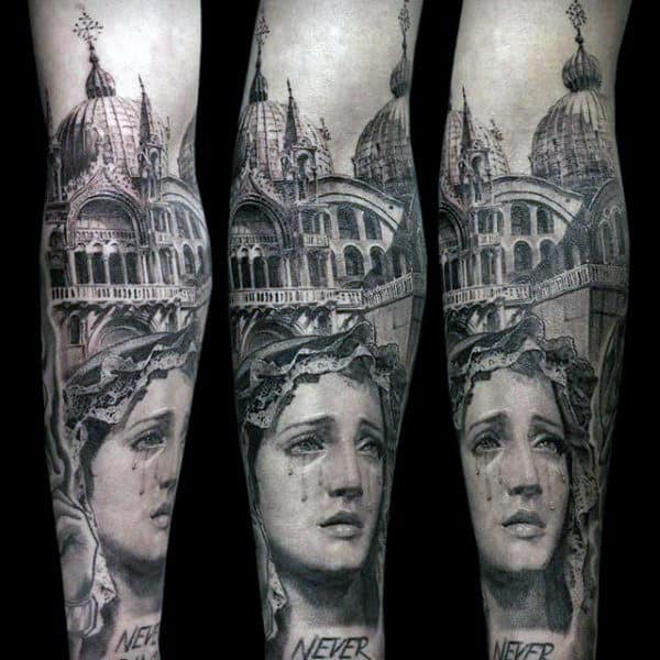 Church With Virgin Mary Guys Forearm Sleeves