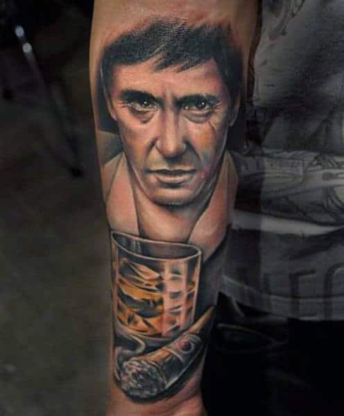 Cigar With Whiskey Glass Male Scarface Outer Forearm Tattoo