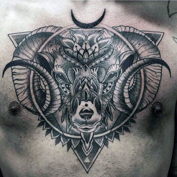 Circle And Triangle Dotwork Mens Goat Chest Tattoos