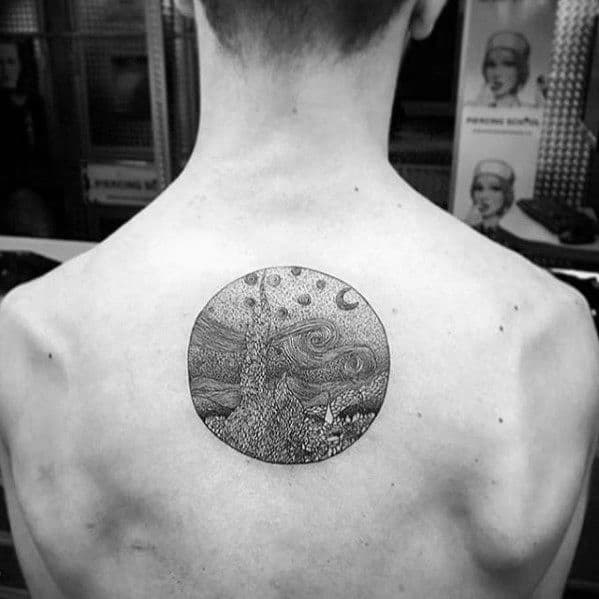 Circle Black And Grey Ink Guys Vincent Van Gogh Back Tattoos