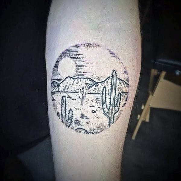 Circle Cactus Desert Tattoo Design For Guys