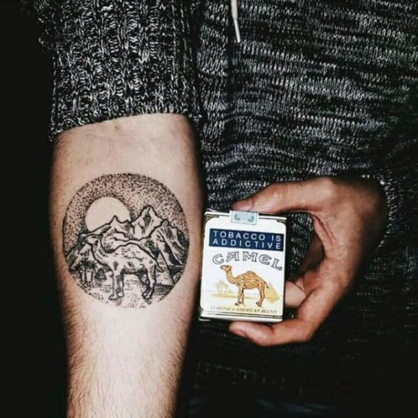 Circle Dotwork Camel Mountains Mens Inner Forearm Tattoos