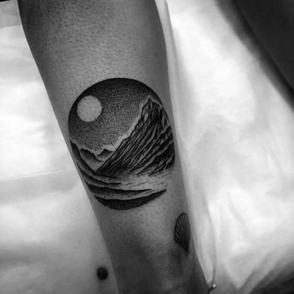 Circle Dotwork Guys Moon In Sky With Mountains Small Back Of Leg Tattoo
