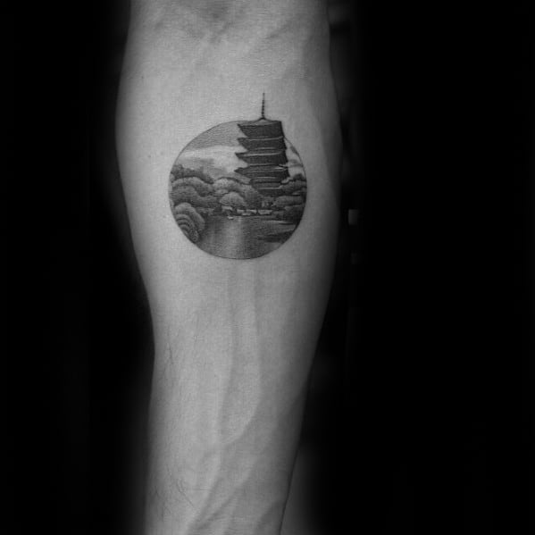 Circle Japanese Tower Mens Badass Small Tattoo Design On Inner Forearm