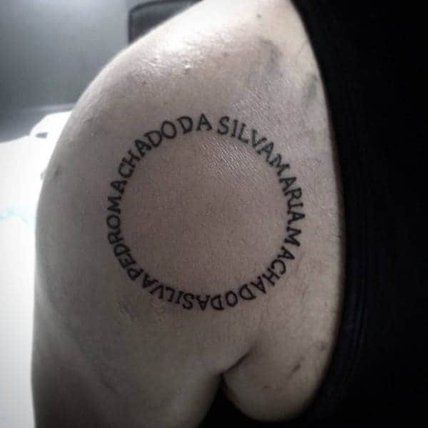 Circle Lettering Guys Back Of Shoulder Blade Tattoo Ideas