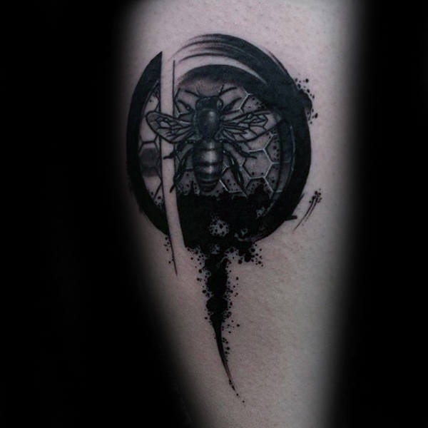 Circle Of Life With Bee Mens Paint Brush Stroke Tattoos