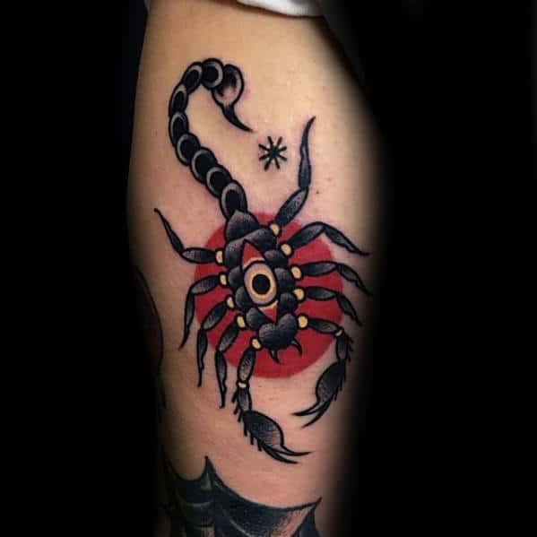 Circle Red Sun With Traditional Scorpion And Eye Guys Arm Tattoos