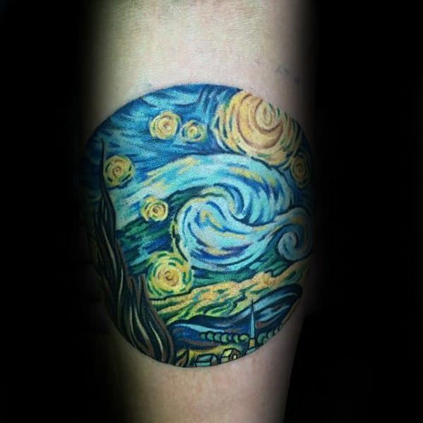 Circle Starry Night Guys Painting Forearm Tattoo