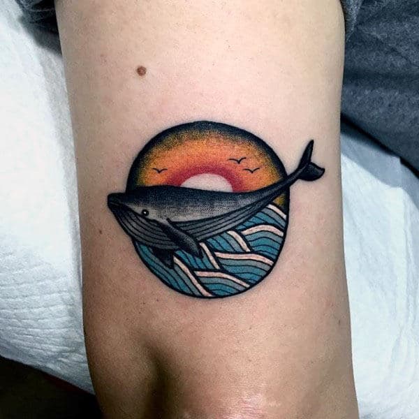 Circle Sunset Waves With Whale Small Mens Thigh Tattoos