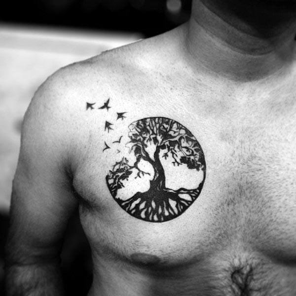 Circle Tree Of Life Upper Chest Birds Flying Mens Black Ink Tattoo Design Ideas