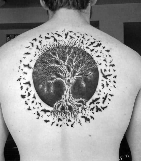 Circle Tree Of Life With Birds Flying Mens Upper Back Tattoo Designs