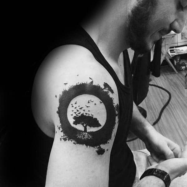 Circle Tree Silhouette Mens Upper Arm Tattoo