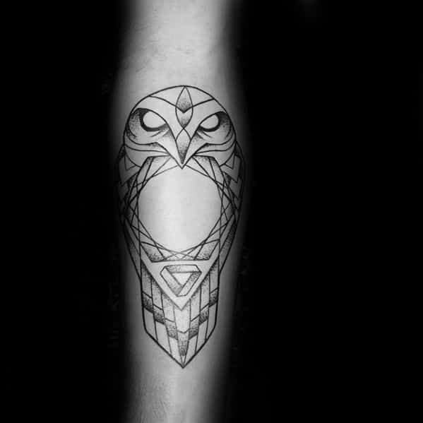 Circle With Geometric Owl Mens Inner Forearm Tattoo Designs