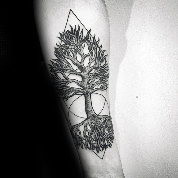 Circle With Triangles Mens Tree Roots Forearm Tattoo