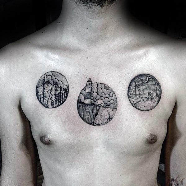 Circles Landscapes Chest Tattoos On Man
