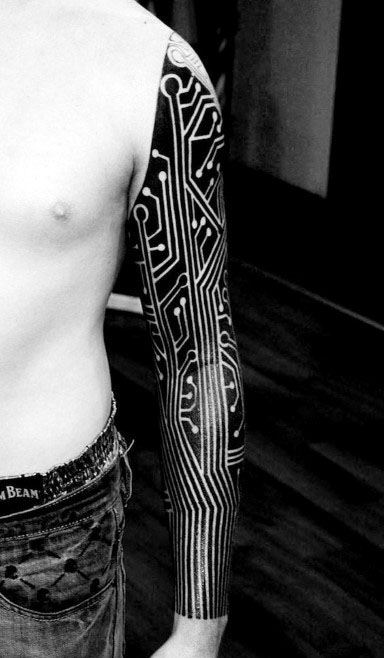 Circuit Board Mens Full Sleeve Black Ink Tattoo Ideas