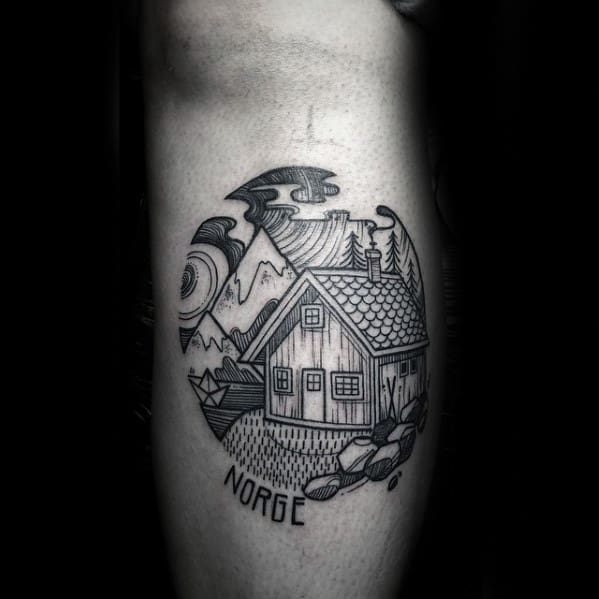Circular Cabin Detailed Mens Leg Calf Tattoo