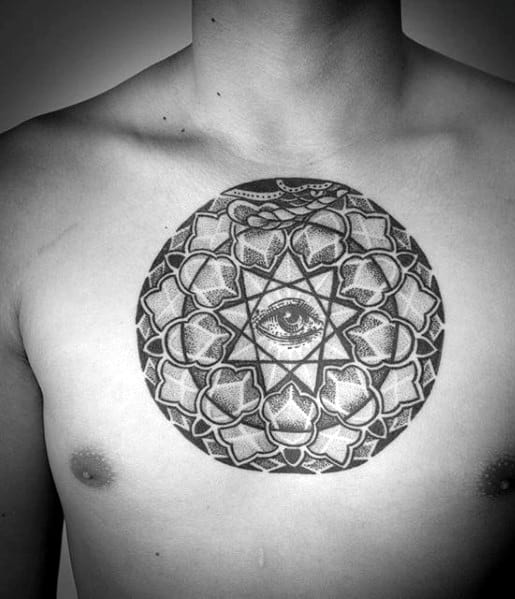 Circular Eye Of Providence Mens Geometric Pattern Chest Tattoo