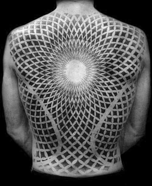 Intricate geometric tattoo design covering an individual's entire back