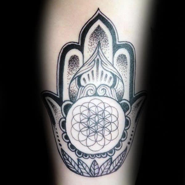 Circular Geometric Male Hamsa Inner Arm Bicep Tattoos