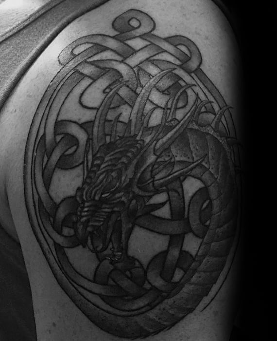 Circular Knots Celtic Dragon Mens Upper Arm Tattoo