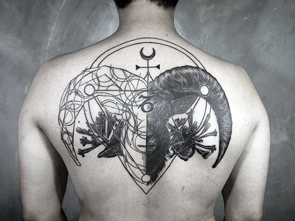 Circular Male Geometrical Upper Back Goat Tattoo Designs