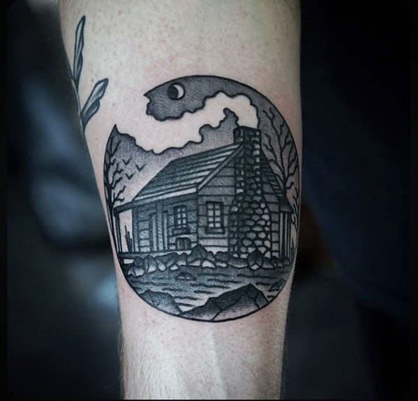 Circular Mens Small Cabin Forearm Tattoo