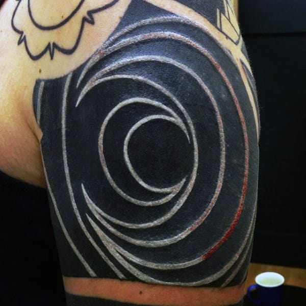 Circular Mens Upper Shoulder White Ink Tattoo Design