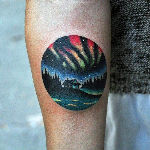 Circular Northern Lights Inner Forearm Guys Tattoos