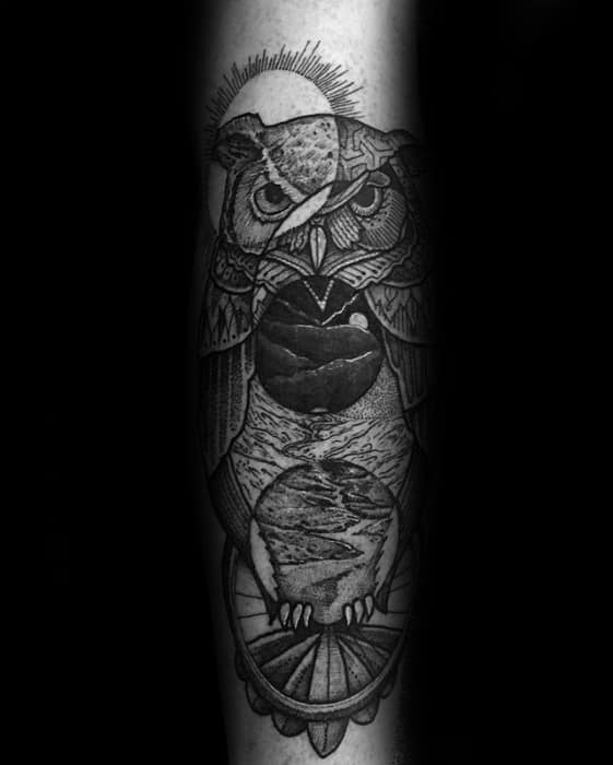 Circular Owl Mens Forearm Tattoo