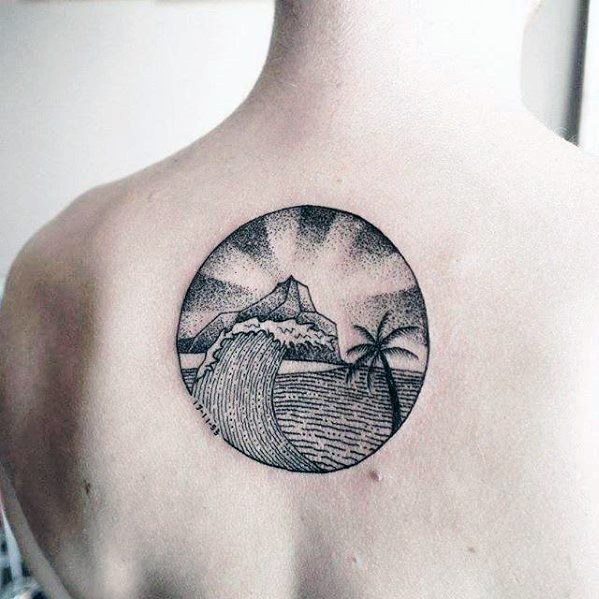 Circular Simple Wave With Island And Palm Tree Mens Back Tattoo