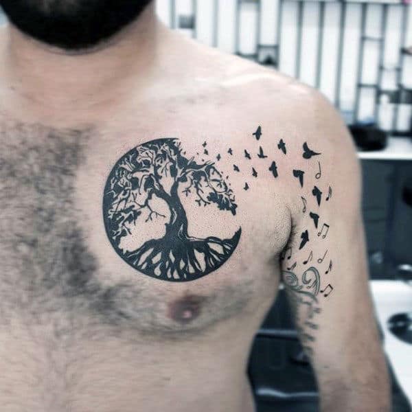 Circular Tree Roots With Birds Mens Chest Tattoo