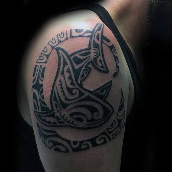 Circular Tribal Shark Male Upper Arm Black Ink Tattoos