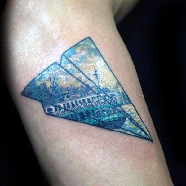 City Landscape Guys Paper Airplane Arm Tattoo Designs