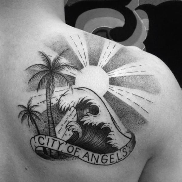 City Of Angels Mens California Rising Sun Ocean Wave Shoulder Tattoo